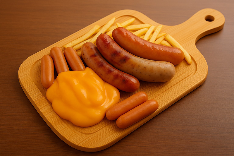 ソーセージ3本盛り＆チーズソーセージ5本盛りのセット（ポテト付き）